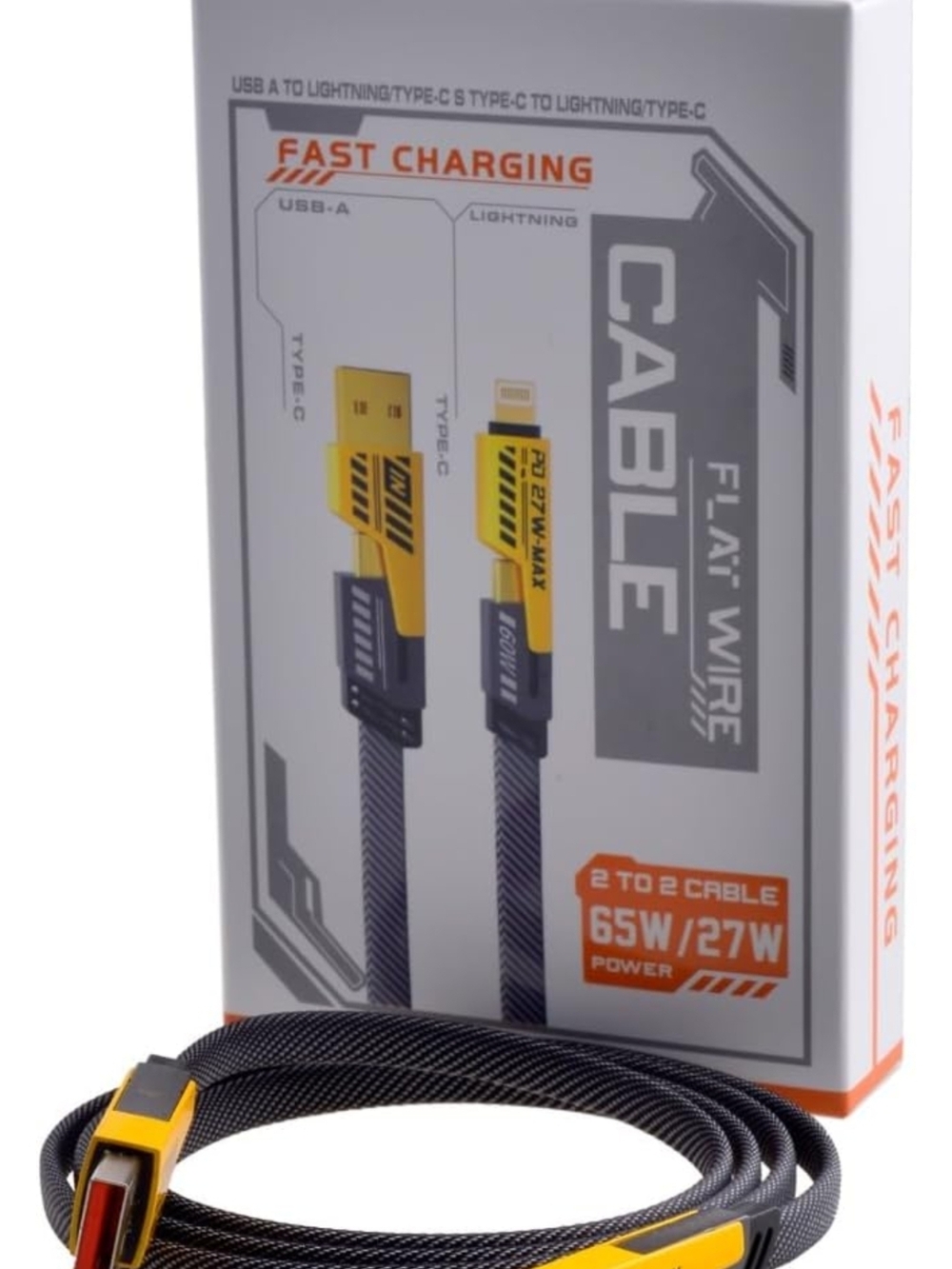 Fast Charging Flat Wire USB-C/Lightning Cable in Yellow and Black